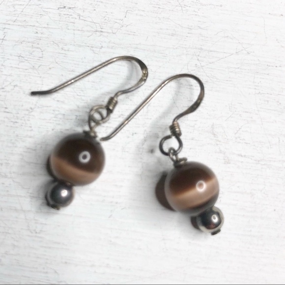 Tiger Eye Ball Sterling Dangling Earrings - Picture 2 of 4